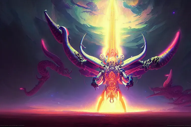 Image similar to epic pose of rebulon the ancient demon, by lisa frank and greg rutkowski, masterpiece concept art, 8 k, intricate detail, cinematic lighting, epic pose, deep colors, majestic view