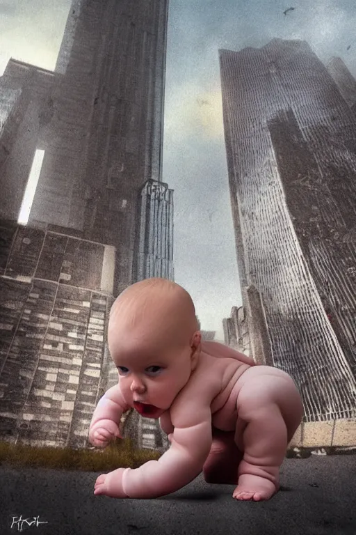 Image similar to evil human giant baby in huggies, grows up to the sky, against the backdrop of destroyed high - rise building, hauntingly surreal, horror, 3 d, 8 k, render, art by fred eric heyman