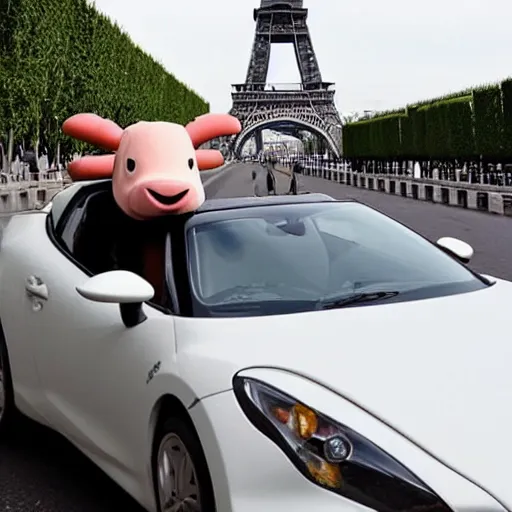 Image similar to cow driving a sports car around the eiffel tower with champagne in its hand