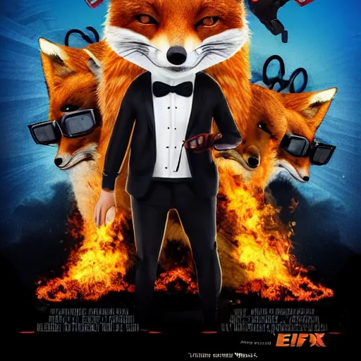 Prompt: epic action adventure movie poster featuring an anthropomorphic fox with cool metal framed sunglasses, wearing a black suit, and the movie is about fried chicken, promotional media