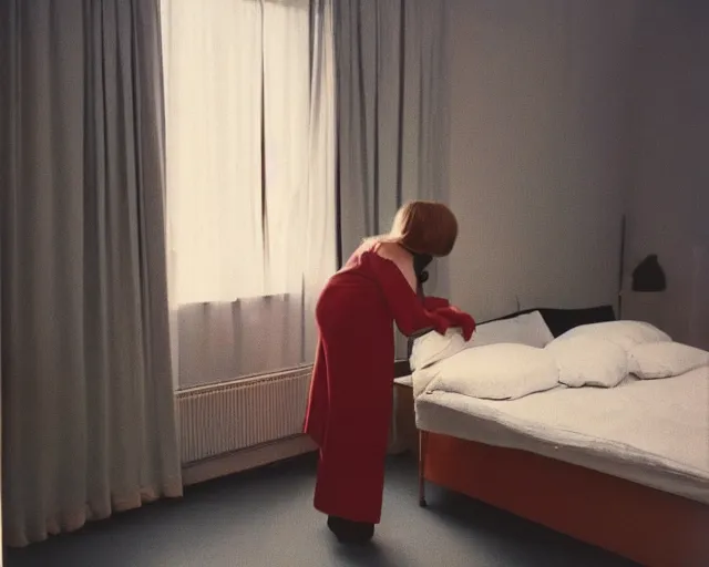 Image similar to a woman standing in a bedroom next to a bed, a colorized photo by Wilhelm Sasnal, tumblr, precisionism, 1970s, matte photo, provia