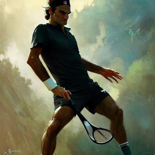 Image similar to roger federer as a hero, picture by greg rutkowski, dynamic pose, intricate, futuristic, fantasy, elegant, by stanley artgerm lau, greg rutkowski, thomas kindkade, alphonse mucha, loish, norman rockwell,