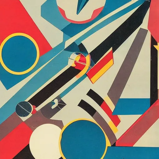 Image similar to an abstract mid - century modern collage of random shapes cut from vintage science and fashion magazines depicting the future of space travel as imagined in 1 9 5 6 in the usa.