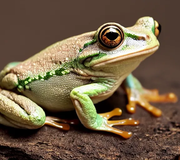 Image similar to photo, cute frog, flay, sitting on a mushroom, various poses, soft light, faded colors, well framed, sharp focus, 8 k