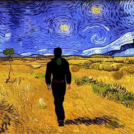 Image similar to weary traveller wandering through an alien world, by van gogh, 4 k, beautiful, cinematic dramatic