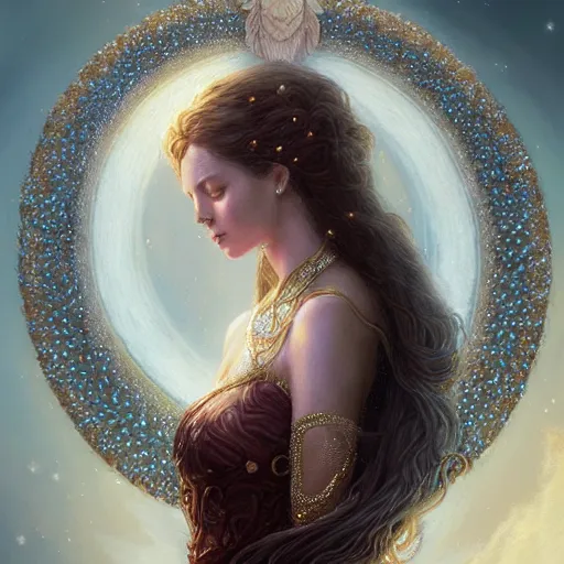 Image similar to A beautiful digital painting of a female angel full of jewels, princess, the moon behind her, intricate, cinematic lighting, highly detailed, digital painting, Artstation, concept art, smooth, sharp focus, illustration, art by Tom Bagshaw, Artgerm and Greg Rutkowski