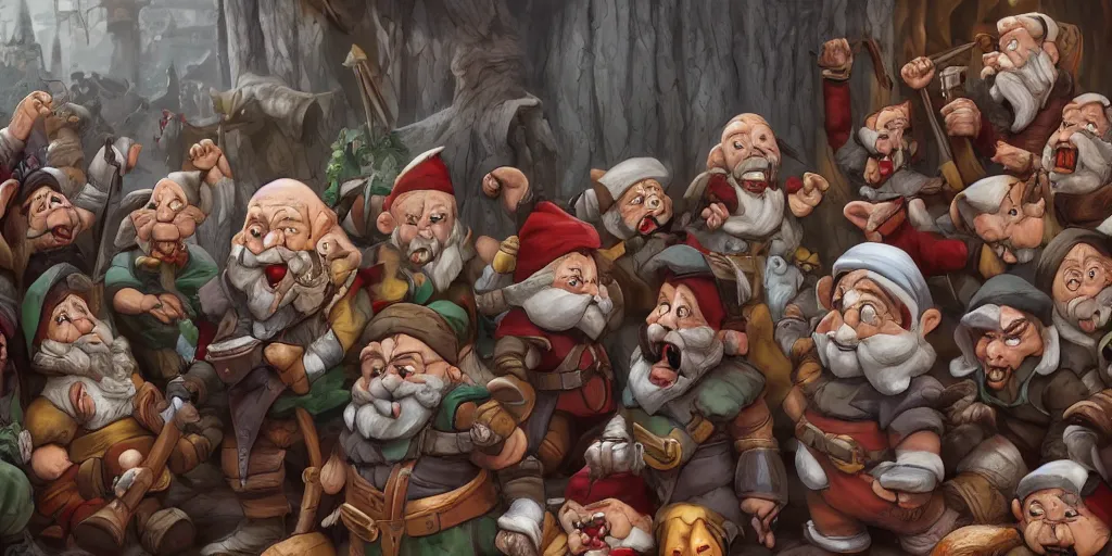 Image similar to 7 deadly dwarfs and snow white, highly detailed, concept art, trending on artstation