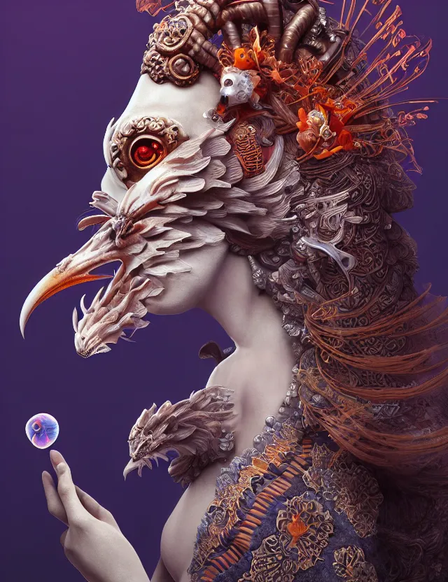 Image similar to 3 d goddess in robe close - up profile portrait with ram skull. beautiful intricately detailed japanese crow kitsune mask and clasical japanese kimono. betta fish, jellyfish phoenix, bio luminescent, plasma, ice, water, wind, creature, artwork by tooth wu and wlop and beeple and greg rutkowski