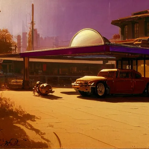 Prompt: painting of syd mead artlilery scifi gas station with ornate metal work lands on a farm, filigree ornaments, volumetric lights, purple sun, andreas achenbach