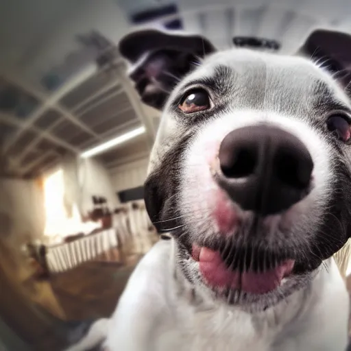 Prompt: Selfie of a dog, first-person view, fisheye lens, photorealistic imagery, trending on artstation, 4k, 8k