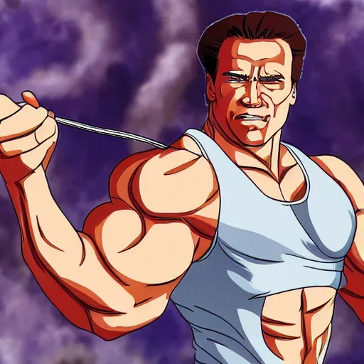 Image similar to arnold schwarzenegger in a myazaki movie, anime, animation, magnificent