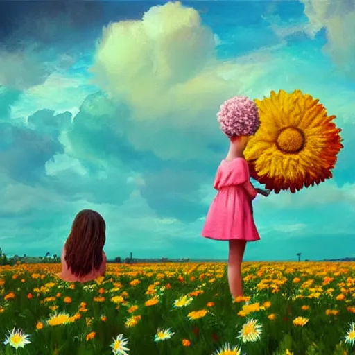 Image similar to giant daisy flower as head, girl sitting in a flower field, surreal photography, sunrise, dramatic light, impressionist painting, colorful clouds, digital painting, artstation, simon stalenhag