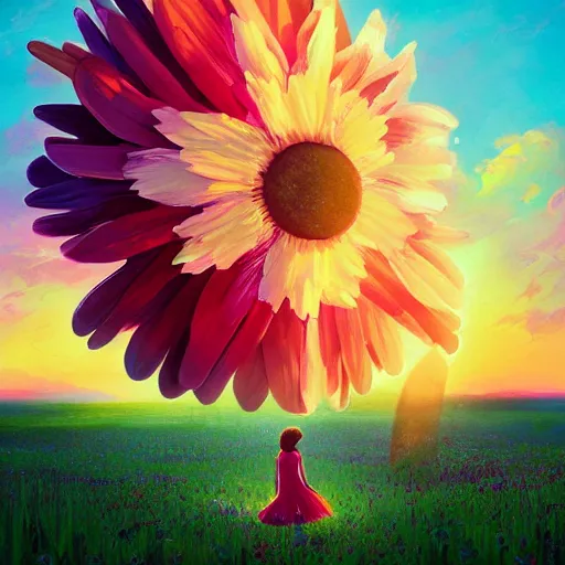 Image similar to giant daisy flower as head, full body, girl standing in a flower field, surreal photography, sunrise dramatic light, impressionist painting, colorful clouds, digital painting, artstation, simon stalenhag, flower face