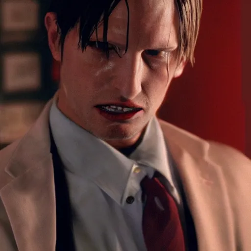 Image similar to Leon Kennedy from Resident Evil as The American Psycho, sweating intensely, cinematic still