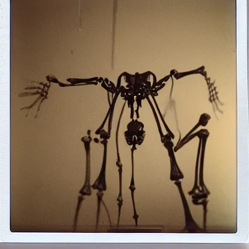 Prompt: insect-like human skeleton on display at a museum, backlit, Polaroid photo
