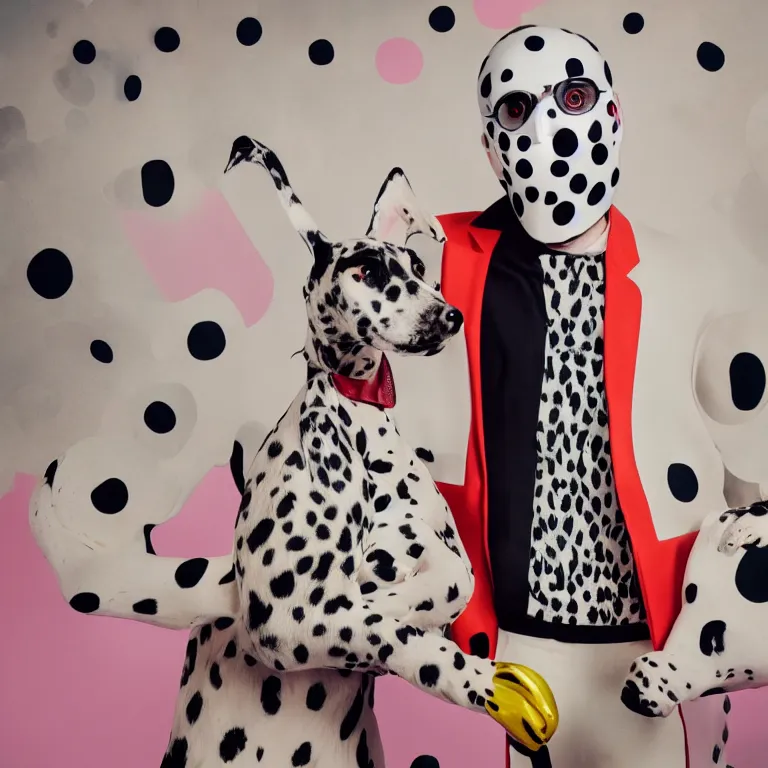 Image similar to vogue photoshoot octane render portrait of 1 0 1 dalmatian with white background, focus on an eccentric man in a bright colorful pastel wes anderson uniform and a latex mask inside a high - end exotic vintage boutique hotel lounge, very short depth of field, bokeh