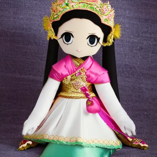 Prompt: fumo plush of a cute little princess wearing thai traditional costume, anime girl, studio shoot