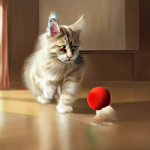 Image similar to cream color maine coon cat chasing a cat-toy-ball in a sunlit bedroom, in style of Ruan Jia, fantasy, trending on art station