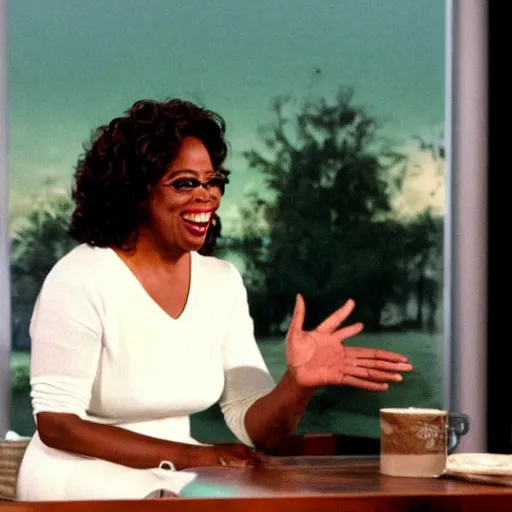 Prompt: Tom Cruise shooting lightning from his hands towards Oprah on her tv show