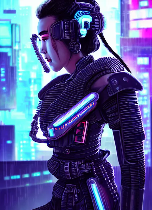 Image similar to stunning futuristic superb cyberpunk young female Samurai wearing samurai armor hybrid with military tactical vest, armor has neon circuitry, sci-fi in futuristic stormy heavy rain thunder flashing tokyo rooftop cyberpunk night, sci-fi,fantasy, intricate, very very beautiful, elegant, neon light, highly detailed, Cinematic, digital painting, artstation, hyper realism, concept art, soft light, hdri, smooth, sharp focus, illustration, art by tian zi and craig mullins and WLOP and alphonse mucha