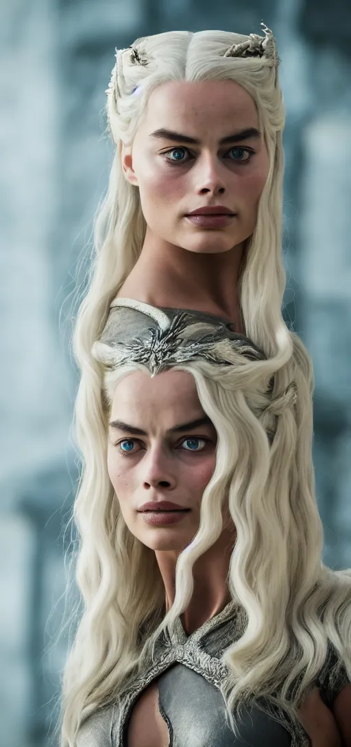 Image similar to Margot Robbie as Daenerys Targaryen, XF IQ4, 150MP, 50mm, F1.4, ISO 200, 1/160s, natural light