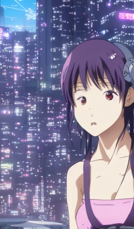 Prompt: anime fine details portrait of Mizore Shirayuki in front of cyberpunk modern city landscape on the background deep bokeh, close-up view, anime masterpiece by Studio Ghibli, 8k, sharp high quality anime, artstation