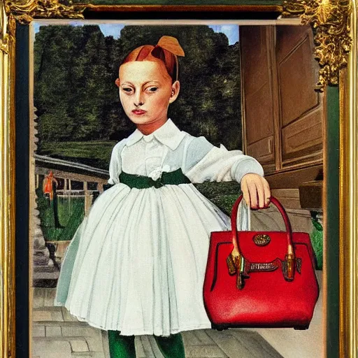 Image similar to little girl wearing an gucci's outfit. art in helltaker art style, inspired by balthus, highly detailed, realistic,