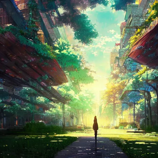 Prompt: city mixed with a magical forest, anime, by makoto shinkai, highly detailed, artstation