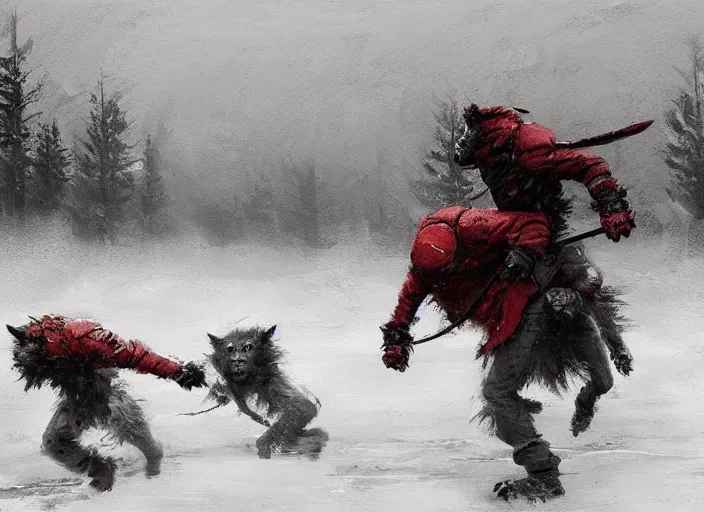 Image similar to jakub rozalski artstation, werewolves fighting in a snowstorm