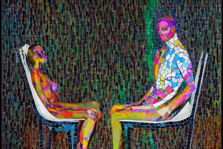 Image similar to portrait of a morphed mosaic painted harlequin sitting on a plastic garden chair looking into a screen doing makeup by james jean and luc tuymans and beeple and hernan bas and pat steir and hilma af klint, psychological, dripping paint, high quality render, masterpiece