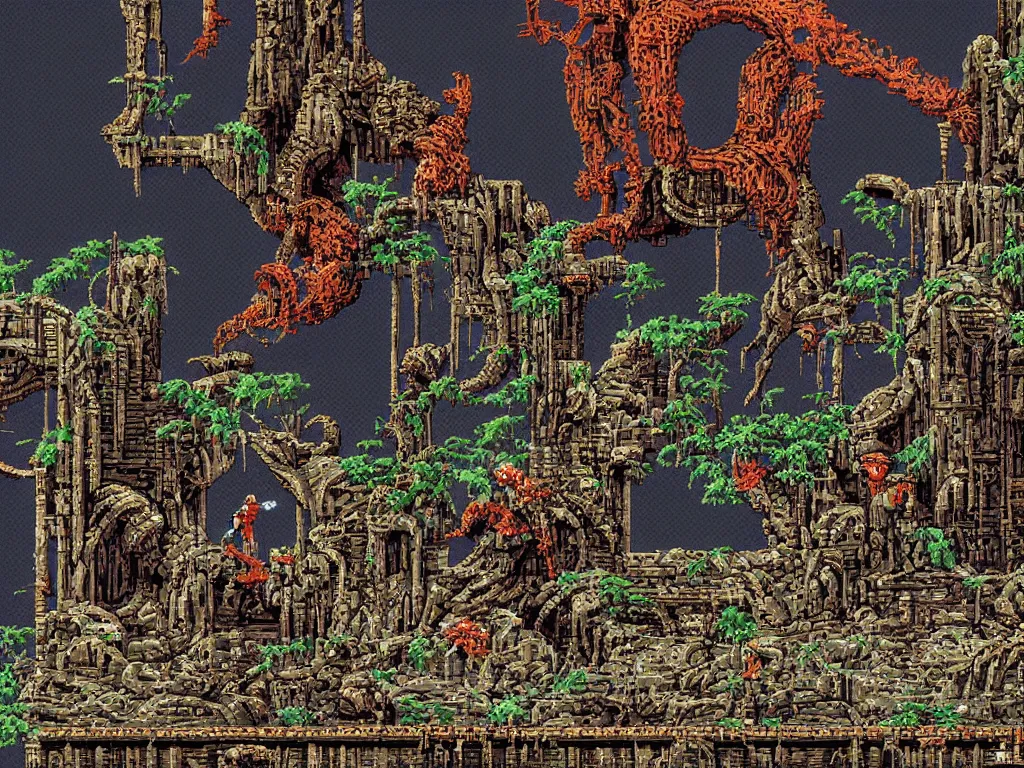 Prompt: Sega Mega Drive Genesis sidescroller game by H.R. Giger, Todd McFarlane, Zdzislaw Beksinski, pixelated