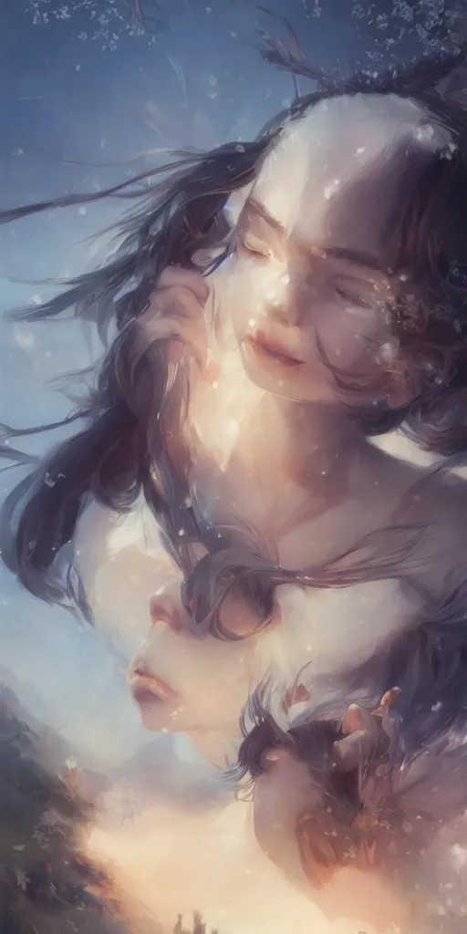 Image similar to still from snow white if made by krenz cushart and wenjun lin, portrait, illustration, rim light, top light, summer clear blue sky, perfectly shaded, soft painting, epic, intricate, art