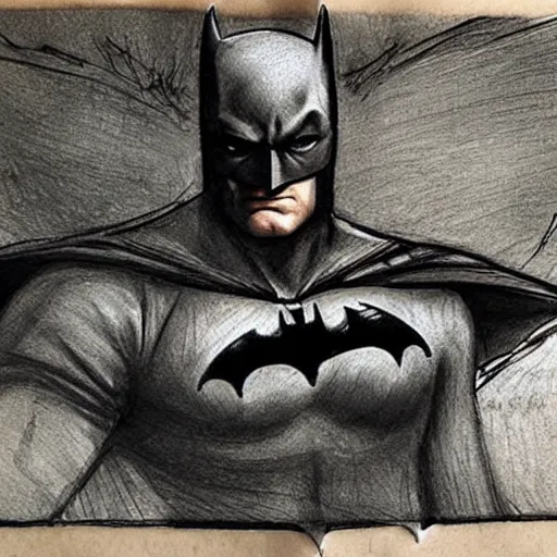 Image similar to batman drawn in ancient notebook, detailed information, sketch style, leonardo davinci,