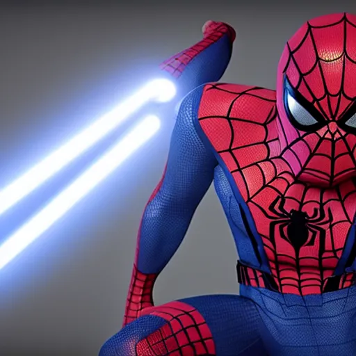 Prompt: spider - man fighting with a blue lightsaber, photorealistic, unreal engine