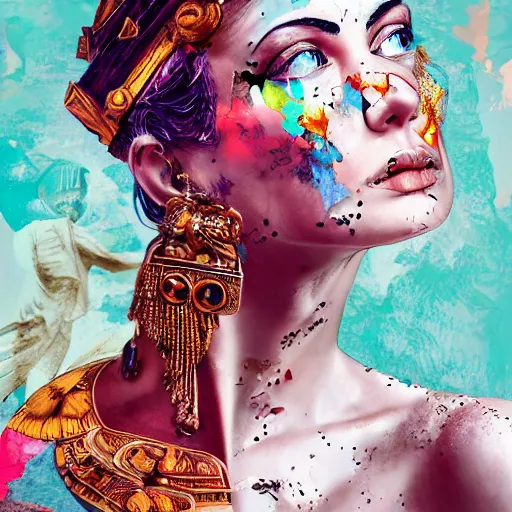 Image similar to roman goddess, contemporary collage, highly detailed, digital painting, 4 k, hdr, punk, fashion, smooth, sharp focus, art by nick knight, sandra chevrier and john hoyland