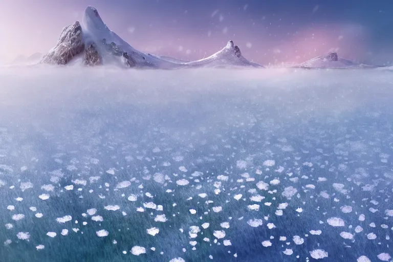 Prompt: perfume bottle buried flowers at a blurred background ice hotspring by peter tarka in the middle of the actic with little white frosted flowers, soft lilac skies, silky smooth, dramatic, mid day, blurry snow mountain background, large scale, wind - swept, lots of detail, realistic lighting, octane render, by wlop, artgerm, trending on artstation