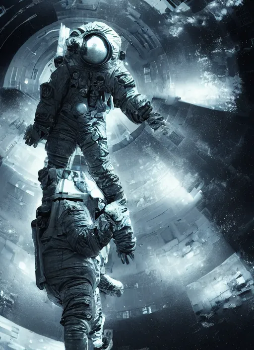 Image similar to infrared concept art by craig mullins astronaut holds a black hole in his hands in futuristic dark and empty spaceship underwater. complex and hyperdetailed technical suit. mandelbulb fractal. reflection and dispersion materials. rays and dispersion of light. volumetric light. 5 0 mm, f / 3 2. noise film photo. flash photography. octane render. interstellar movie art