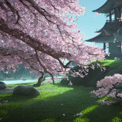 Prompt: Temple under Sakura Trees, photorealistic, hyper detailed, 8k, beautiful artwork, fantastic landscape, magical fairy landscape, volumetric lighting, octane render n-9