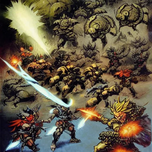 Image similar to chrono trigger battle with lavos by frank frazetta