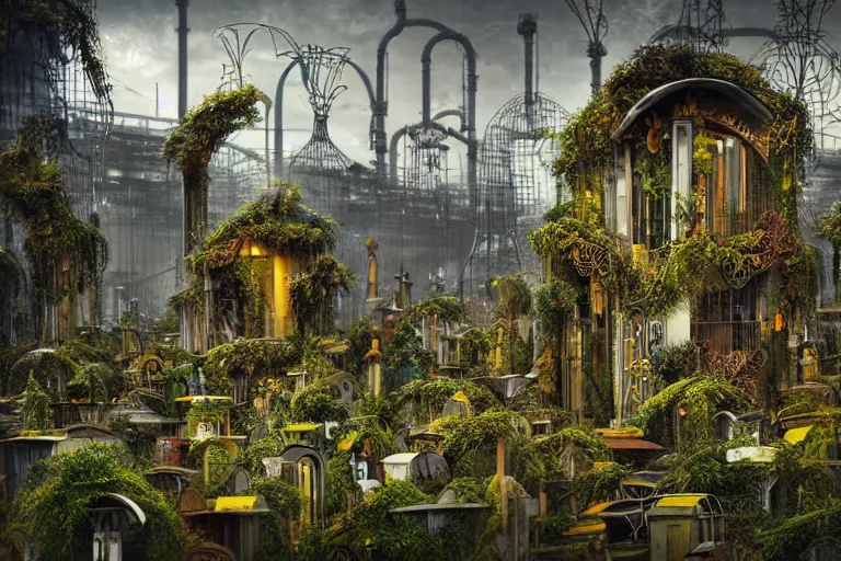 Image similar to elegance futuristic foliage overgrowing favela graveyard honeybee hive, art nouveau environment, industrial factory, award winning art, epic dreamlike fantasy landscape, ultra realistic,