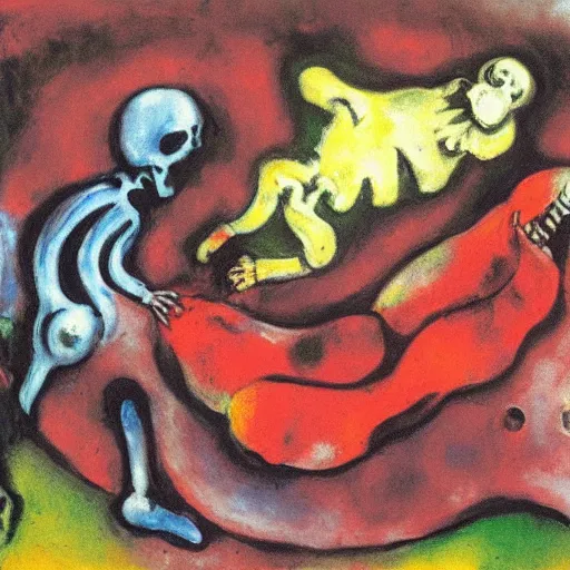 Prompt: skeleton salting a slug, marc chagall painting