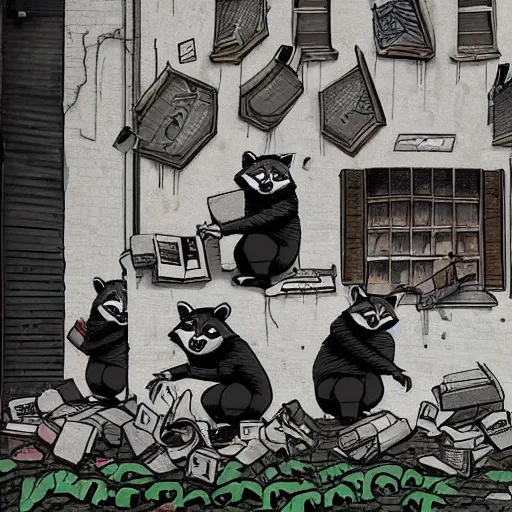 Image similar to a gang of raccoons destroying the city in the style of banksy, trending on ArtStation