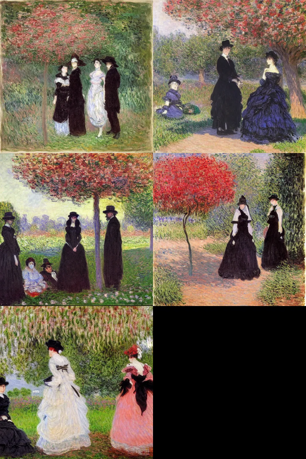 Prompt: an hd painting by claude monet. three goths loitering in the shade, talking beneath a cherry tree outside a blockbuster video store.