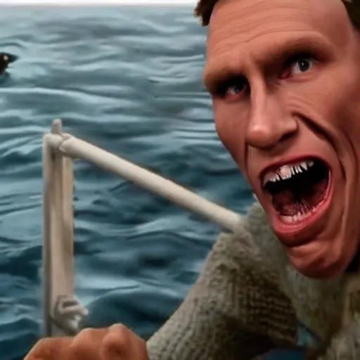 Prompt: Live Action Still of Jerma in Jaws, real life, hyperrealistic, ultra realistic, realistic, highly detailed, epic, HD quality, 8k resolution, body and headshot, film still