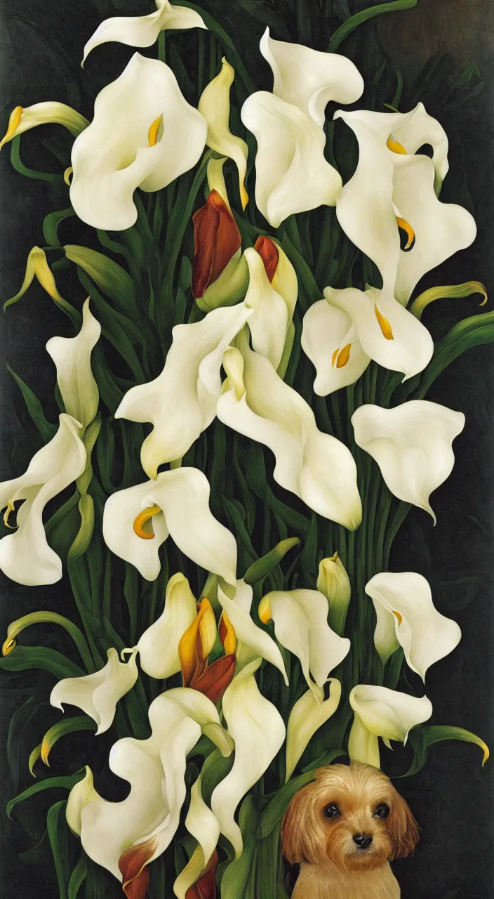 Image similar to portrait of a cream colored havanese dog with a bouquet of calla lillies, mexico, painting by diego rivera realism 1 9 3 5