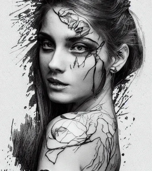 Prompt: tattoo design sketch of the most beautiful woman portrait faded with a background of beautiful mountains on her side, hyper - realistic, double exposure effect, in the style of den yakovlev, amazing detail, black and white, faded