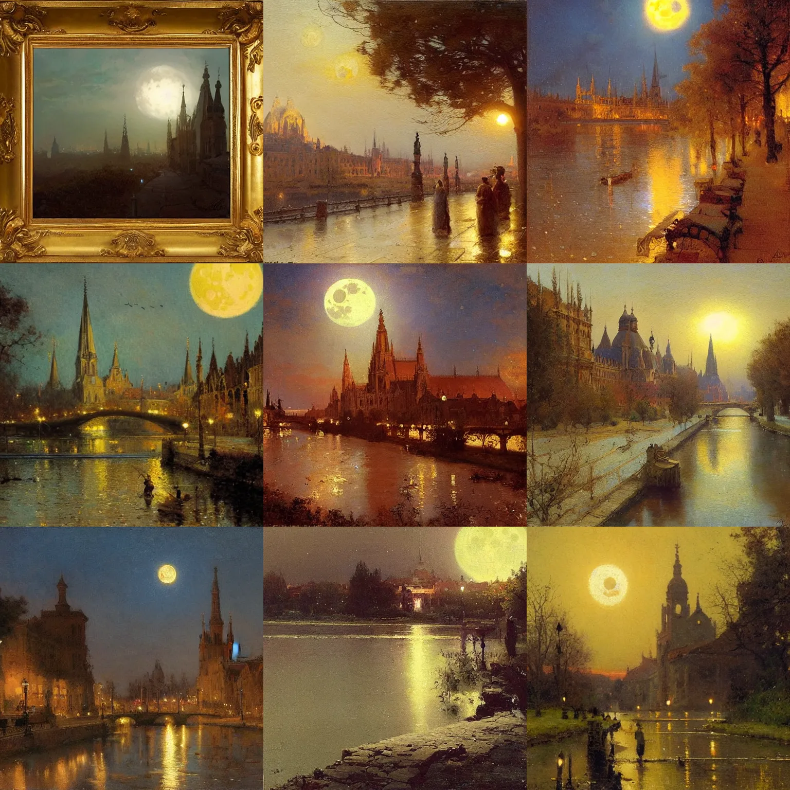 Prompt: a 1 9 th century szeged. atmoshperical, full moon, natural lighting, soft focus, landscape by painting by gaston bussiere, craig mullins, j. c. leyendecker