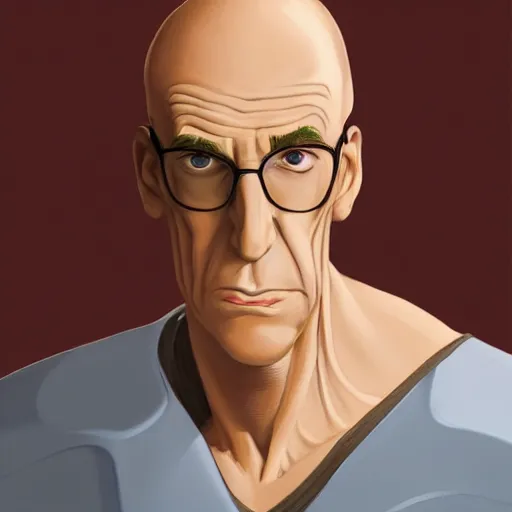 Image similar to A middle-aged Dr. Venture in real life with a hooked nose, a long gaunt face and skinny body and neck, very thin and bald, realistic, very realistic, hyperrealistic, highly detailed, very detailed, extremely detailed, detailed, digital art, oil painting, trending on artstation, headshot and bodyshot, detailed face, very detailed face, extremely detailed face, HD Quality, 8k resolution, very very detailed face, real life