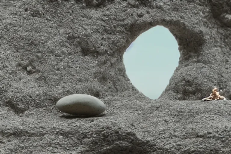 Image similar to vfx movie scene closeup adorable curios tiny little baby alien creature in moon desert eating a rock. by emmanuel lubezki