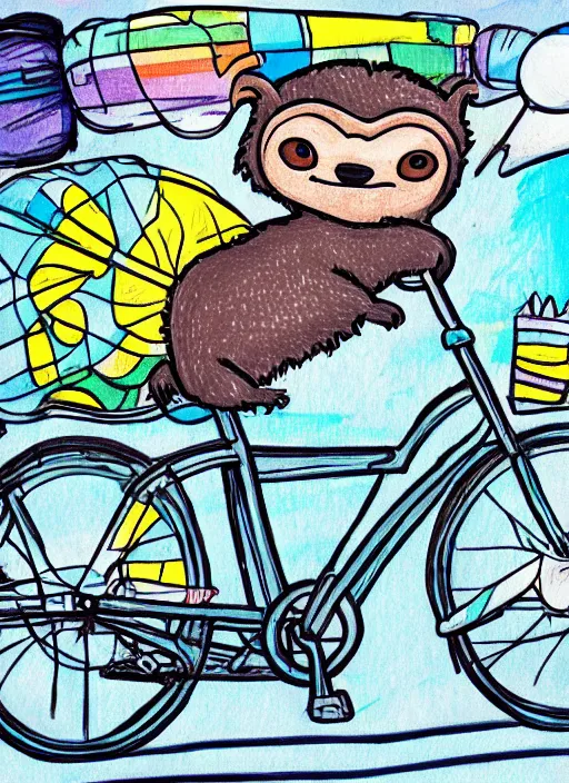 Prompt: drawing of a sloth urban outfitters style riding a bike going to the beach